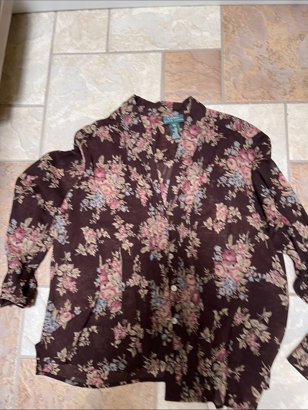 Lauren Ralph Lauren Brown Floral Button-Down Blouse with Pink and Blue Flowers